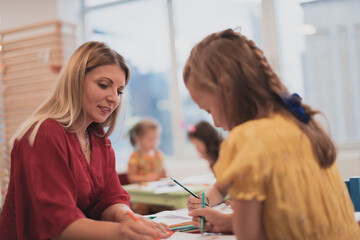 Creative kids during an art class in a daycare center or elementary school classroom drawing with female teacher. 
