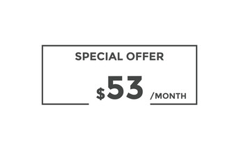 $53 USD Dollar Month sale promotion Banner. Special offer, 53 dollar month price tag, shop now button. Business or shopping promotion marketing concept
