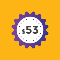 53 dollar price tag. Price $53 USD dollar only Sticker sale promotion Design. shop now button for Business or shopping promotion

