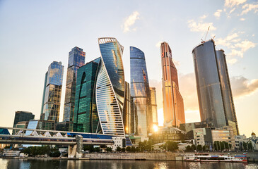 Fototapeta na wymiar Moscow, Russia - 30.07.2022: View of skyscrapers at Moscow City at sunset. International Business Center