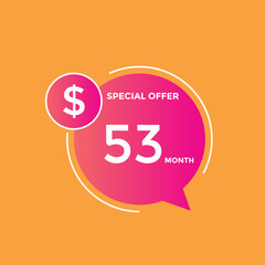 $53 USD Dollar Month sale promotion Banner. Special offer, 53 dollar month price tag, shop now button. Business or shopping promotion marketing concept
