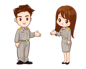 Thai government officers in uniform couple cartoon character greeting pose