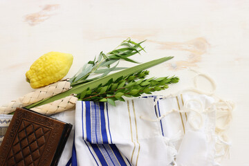 Jewish festival of Sukkot. Traditional symbols (The four species): Etrog (citron), lulav (palm branch), hadas (myrtle), arava (willow) © tomertu