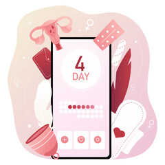 Menstrual cycle. Phone with calendar, menstrual cup, uterus, pad, pills. Phone app, track your menstrual cycle. Vector illustration