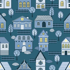 Seamless pattern of doodle houses. Great for fabric, textile vector illustration