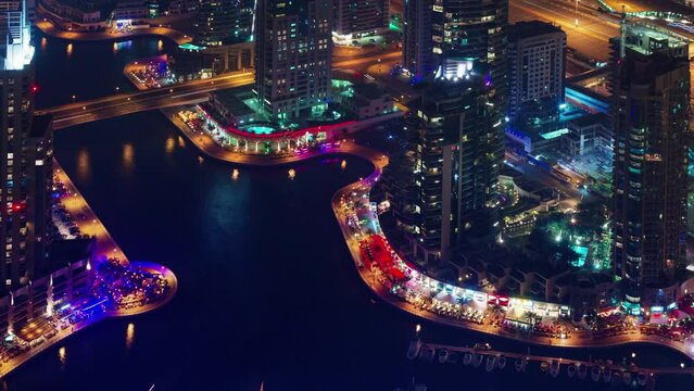 night illumination dubai marina bay roof top view 4k time lapse uae