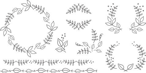 手書き植物の飾り枠セット　黒