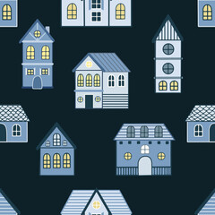 Seamless pattern of doodle houses. Great for fabric, textile vector illustration