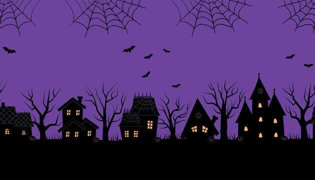 Halloween houses. Seamless border. Black silhouettes of houses and trees on purple background. There are also bats, pumpkins in the picture. Vector illustration