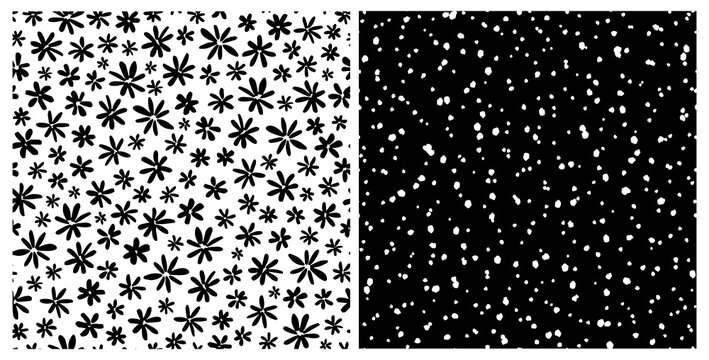 Monochrome set of flowers and dots seamless repeat pattern. Cute, little ditsy daisies and spotted all over surface print on white and black backgrounds.