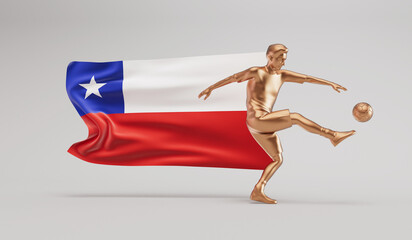 Fototapeta na wymiar Golden soccer football player kicking a ball with chile waving flag. 3D Rendering