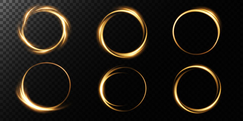 Golden glowing shiny spiral lines, round frames. Vector background. EPS10. Abstract effect of movement with the speed of light. Shiny wavy path. Light painting. Easy trail. Vector eps10.