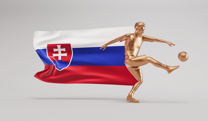 Fototapeta na wymiar Golden soccer football player kicking a ball with slovakia waving flag. 3D Rendering