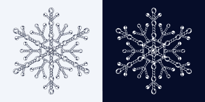 Fancy monochrome snowflake made of jewelry chains with ball beads. Elegant jewel illustration for winter sales, christmas, new year holiday, gift decoration.