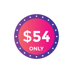 54 dollar price tag. Price $54 USD dollar only Sticker sale promotion Design. shop now button for Business or shopping promotion
