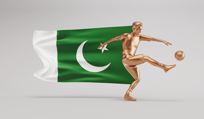 Golden soccer football player kicking a ball with pakistan waving flag. 3D Rendering