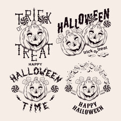 Set of 4 emblems with pumpkins like little kids, sweets, bones, text happy halloween, trick or treat. Halloween monochrome funny labels on white background in vintage style