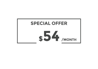 $54 USD Dollar Month sale promotion Banner. Special offer, 54 dollar month price tag, shop now button. Business or shopping promotion marketing concept
