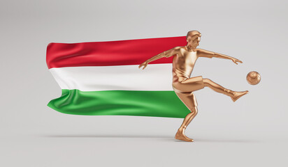 Golden soccer football player kicking a ball with hungary waving flag. 3D Rendering