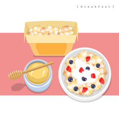 Illustration vector flat style of cereal box , cereal in bowl with honey isolated on table background.