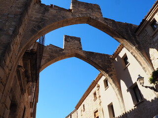 dos grandes arcos medievales que dan acceso al monasterio de santa maría la real de vallbona de les monges, lérida, españa, europa