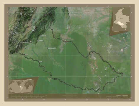 Caqueta, Colombia. High-res satellite. Labelled points of cities