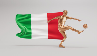 Fototapeta na wymiar Golden soccer football player kicking a ball with italy waving flag. 3D Rendering