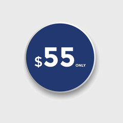 55 dollar price tag. Price $55 USD dollar only Sticker sale promotion Design. shop now button for Business or shopping promotion
