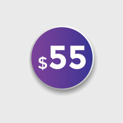 55 dollar price tag. Price $55 USD dollar only Sticker sale promotion Design. shop now button for Business or shopping promotion

