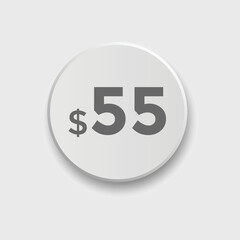 55 dollar price tag. Price $55 USD dollar only Sticker sale promotion Design. shop now button for Business or shopping promotion
