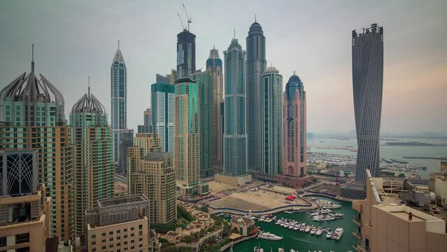 dubai marina famous buildings yacht dock roof panorama 4k time lapse uae