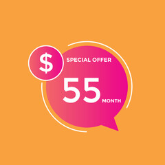 $55 USD Dollar Month sale promotion Banner. Special offer, 55 dollar month price tag, shop now button. Business or shopping promotion marketing concept
