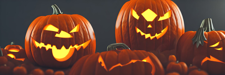 Jack O Lanterns - Halloween Background. Banner size. website header. 3d illustration