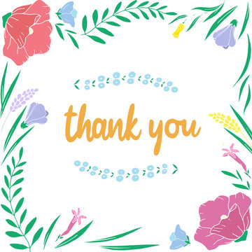 Thank you greeting card of hand drawn bright flowers and leaves on white background. Natural design of floral elements in vector art