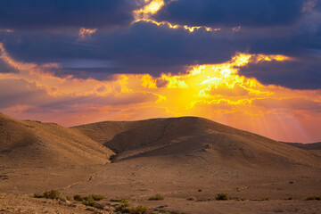 Fototapeta na wymiar Yellow sunset in the desert and sun rays spreading. Beautiful dramatic clouds on gold sky. Golden sand dunes in desert in Judean desert, Israel. Sunny sky over cliffs, mountains Sodom and Gomorrah