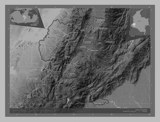Cauca, Colombia. Grayscale. Labelled points of cities
