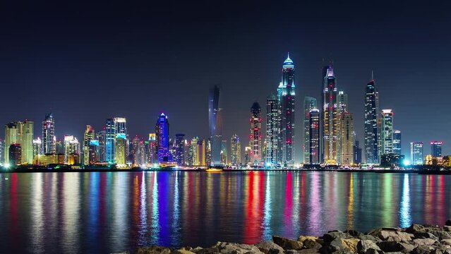 night light illumination dubai marina palm bay panorama 4k time lapse uae