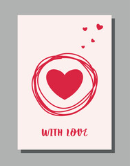 Greeting card with a heart with the inscription With love in doodle style.