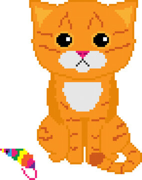 8bit pixel art of a cute ginger cat with a rainbow mouse