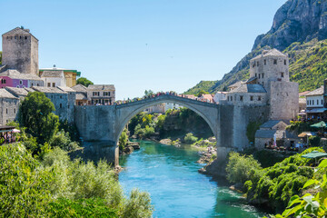 Fototapeta na wymiar Historical Mostar Bridge known also as Stari Most or Old Bridge in Mostar, Bosnia and Herzegovina