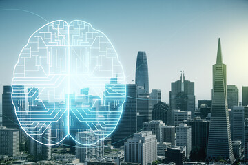 Double exposure of creative human brain microcircuit hologram on San Francisco office buildings background. Future technology and AI concept