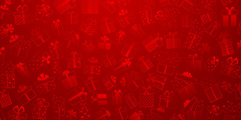 Background of gift boxes with bows and different patterns, in red colors