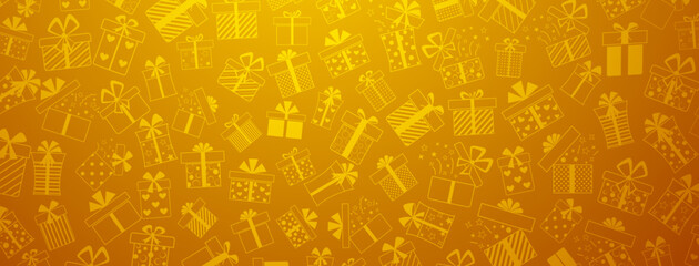 Background of gift boxes with bows and different patterns, in orange colors