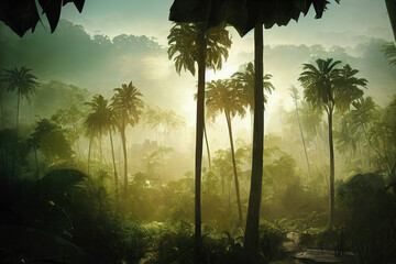 Tropical palms submerged in a morning mist illuminated by sunrise. Silhouette trees of exotic jungle with faint shapes of a hidden city. Digital art wallpaper illustration for backgrounds covers.