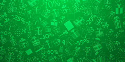 Background of gift boxes with bows and different patterns, and discount percentages, in green colors