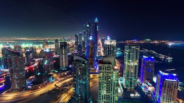 dubai marina downtown night illumination roof top panorama 4k timelapse uae