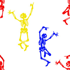 Seamless pattern of funny skeletons dancing. Day of Dead, Halloween concept vector illustration. Halloween header or banner. Wallpaper or backdrop decor