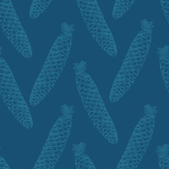 Pine cones seamless pattern on dark blue background. Christmas gift wrapping. Vector illustration