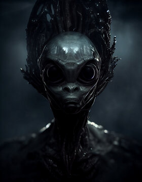 Bizarre Ancient Amphibian Grey Alien with Crest 3D Art Conceptual Illustration. Stunning Vertical Portrait of Extraterrestrial Life Macabre Creepy Creature. Spooky Gloomy Video Game Character Artwork