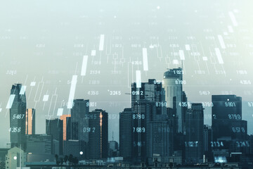 Multi exposure of creative statistics data hologram on Los Angeles skyscrapers background, stats and analytics concept